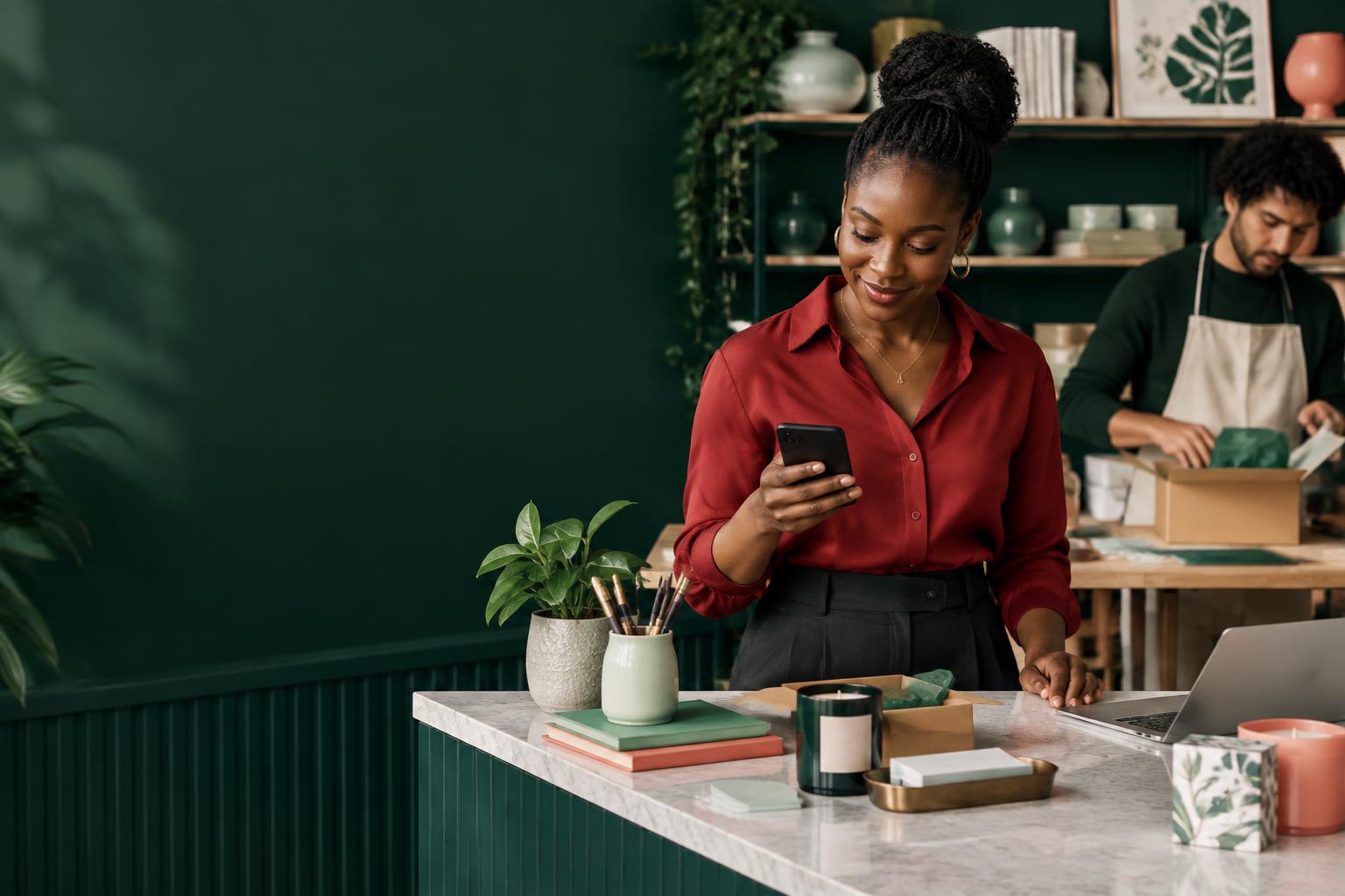 A business owner checking her phone in her shop