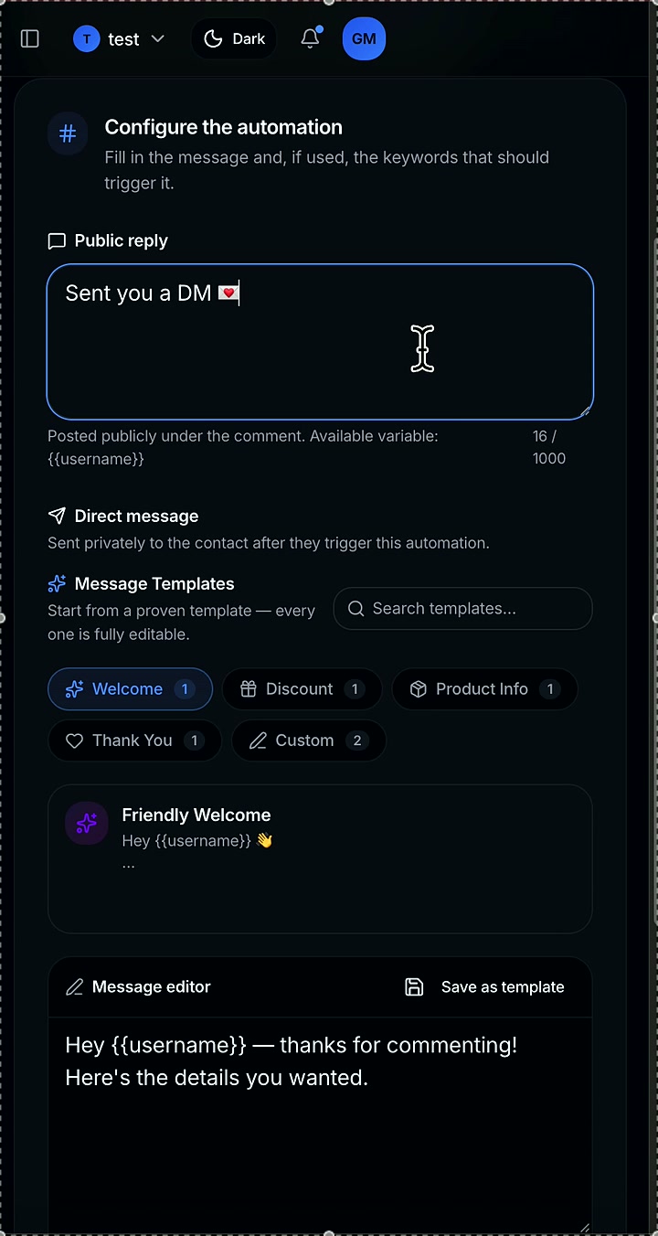 AutoPilotDM dark automation builder with editable DM template, message and button settings